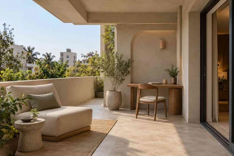 AI-generated outdoor concept: covered terrace work nook, textured mineral direction