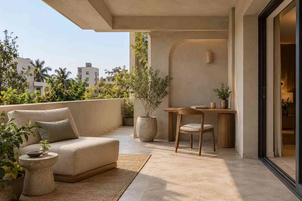 AI-generated outdoor concept: covered terrace work nook, textured mineral direction