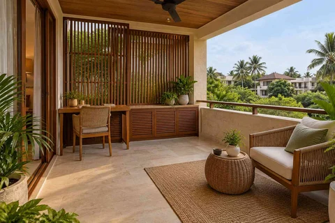 AI-generated outdoor concept: covered terrace work nook, tropical slatted direction