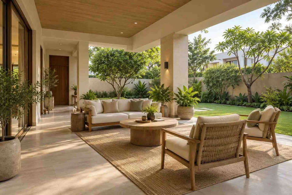AI-generated outdoor concept: family outdoor room, ash and linen direction