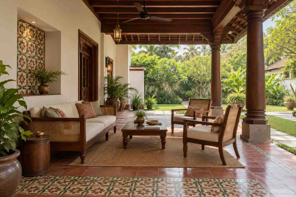 AI-generated outdoor concept: family outdoor room, chettinad tile direction