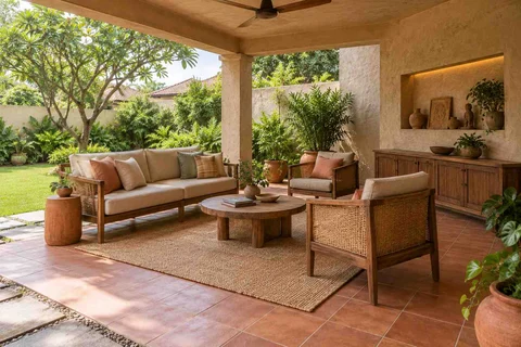 AI-generated outdoor concept: family outdoor room, clay artisan direction