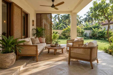 AI-generated outdoor concept: family outdoor room, coastal woven direction