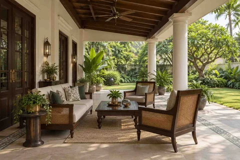 AI-generated outdoor concept: family outdoor room, colonial quiet direction