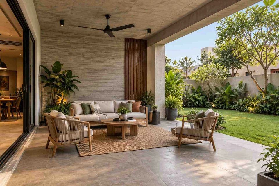 AI-generated outdoor concept: family outdoor room, concrete and oak direction