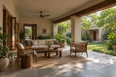 AI-generated outdoor concept: family outdoor room, courtyard modern direction
