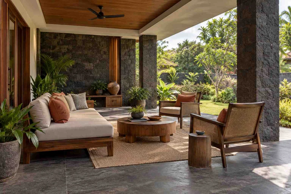 AI-generated outdoor concept: family outdoor room, deccan stone direction