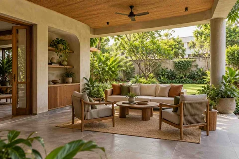 AI-generated outdoor concept: family outdoor room, earth and bamboo direction