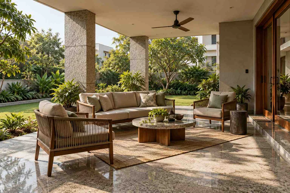 AI-generated outdoor concept: family outdoor room, granite precision direction