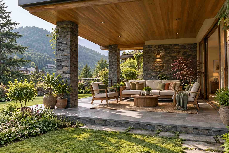 AI-generated outdoor concept: family outdoor room, hill timber direction