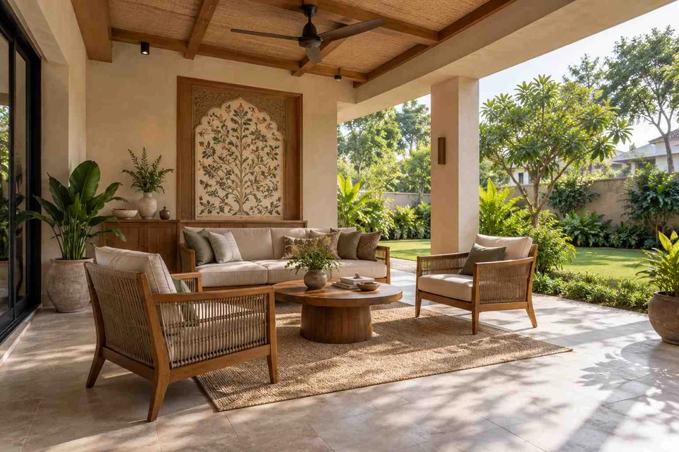 AI-generated outdoor concept: family outdoor room, inlay atelier direction