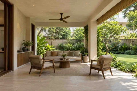 AI-generated outdoor concept: family outdoor room, lime and walnut direction