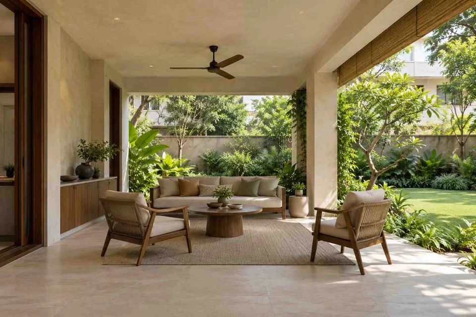 AI-generated outdoor concept: family outdoor room, lime and walnut direction