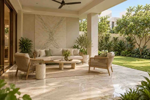 AI-generated outdoor concept: family outdoor room, marble restraint direction