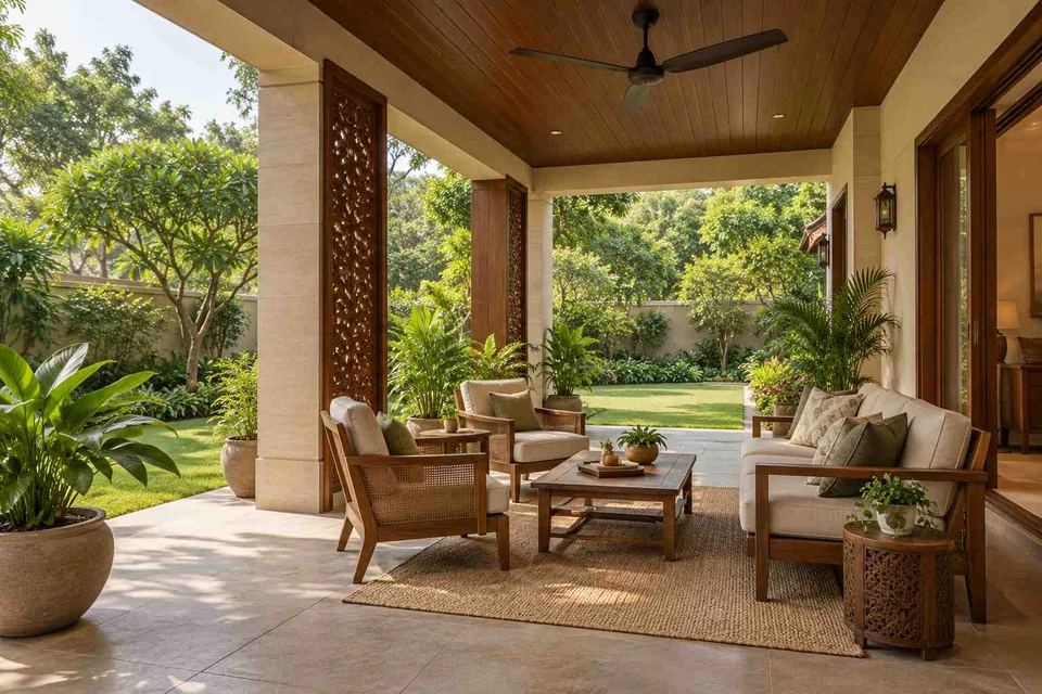 AI-generated outdoor concept: family outdoor room, modern carved direction