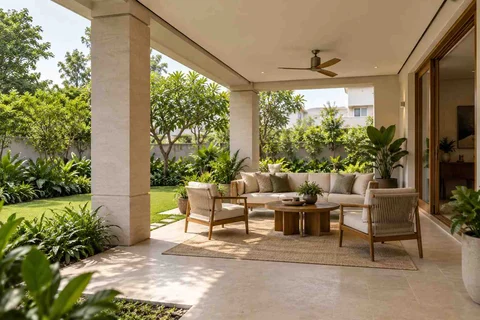 AI-generated outdoor concept: family outdoor room, quiet contemporary direction