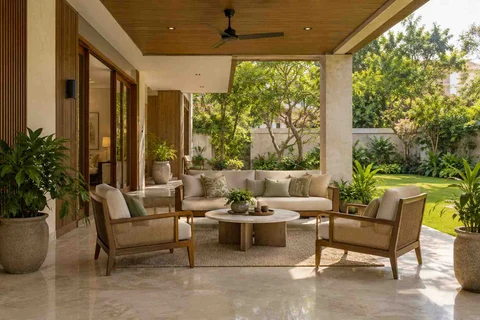AI-generated outdoor concept: family outdoor room, quiet transitional direction