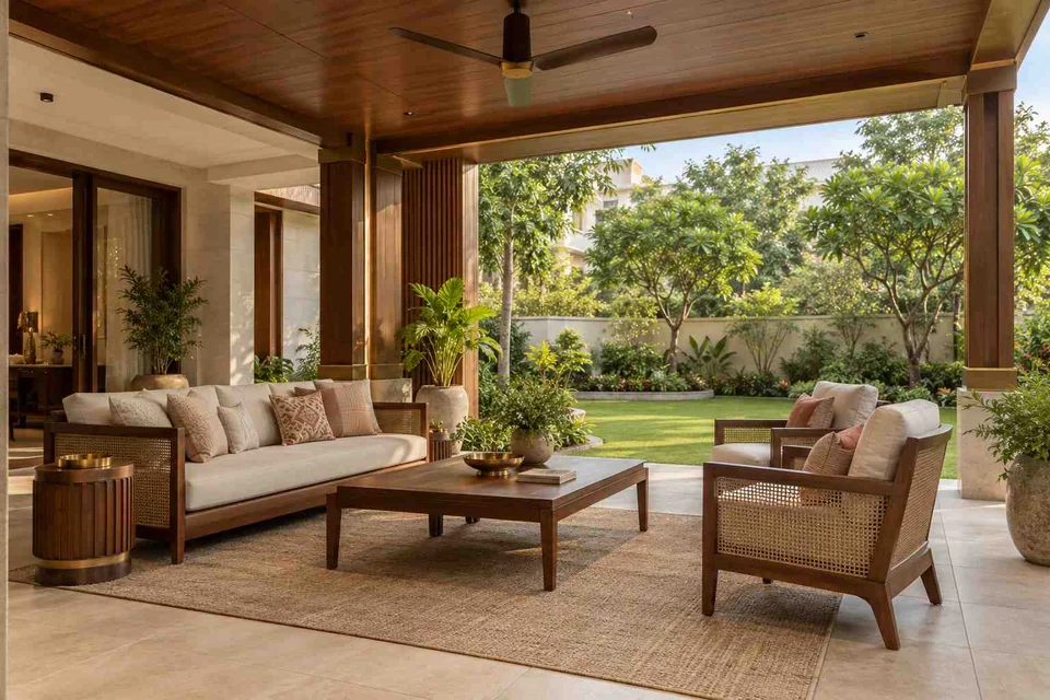 AI-generated outdoor concept: family outdoor room, rosewood brass direction