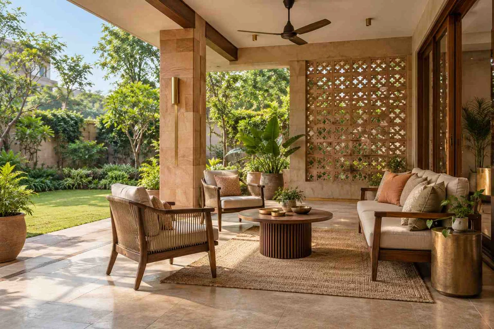 AI-generated outdoor concept: family outdoor room, sandstone lattice direction