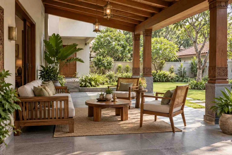 AI-generated outdoor concept: family outdoor room, teak craft direction