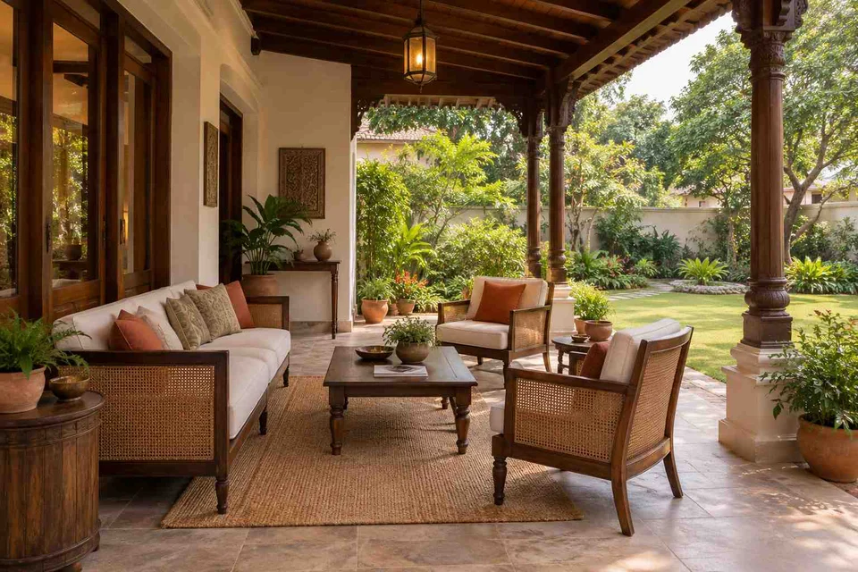 AI-generated outdoor concept: family outdoor room, terracotta heritage direction