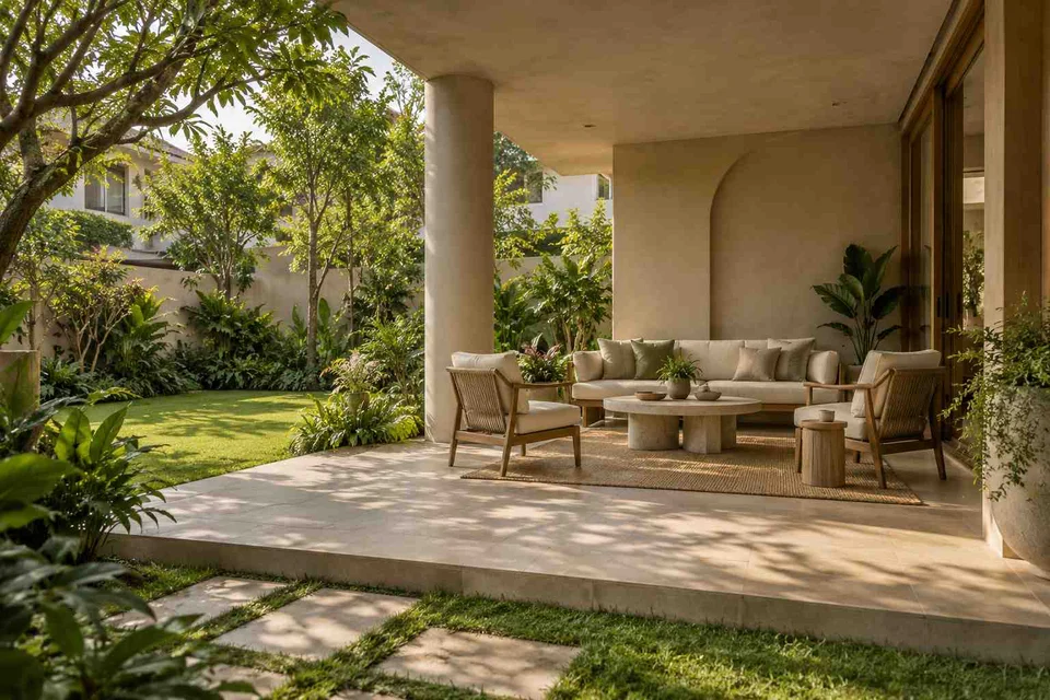 AI-generated outdoor concept: family outdoor room, textured mineral direction