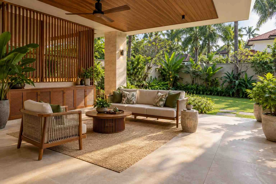 AI-generated outdoor concept: family outdoor room, tropical slatted direction