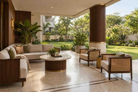 AI-generated outdoor concept: family outdoor room, urban deco direction
