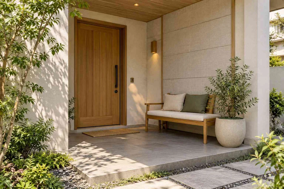 AI-generated outdoor concept: front porch nook, ash and linen direction