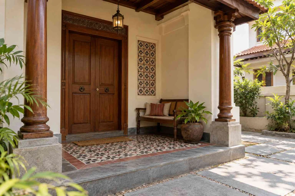 AI-generated outdoor concept: front porch nook, chettinad tile direction
