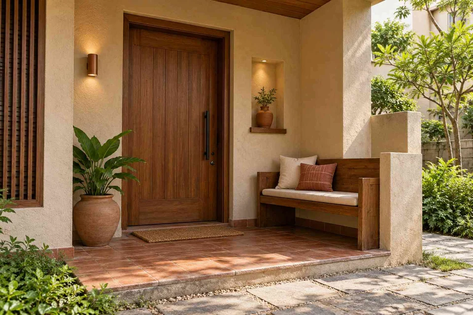 AI-generated outdoor concept: front porch nook, clay artisan direction