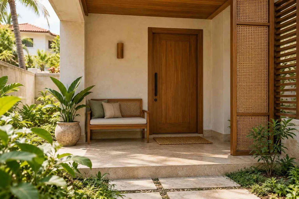 AI-generated outdoor concept: front porch nook, coastal woven direction