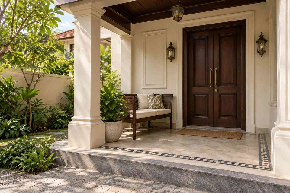 AI-generated outdoor concept: front porch nook, colonial quiet direction