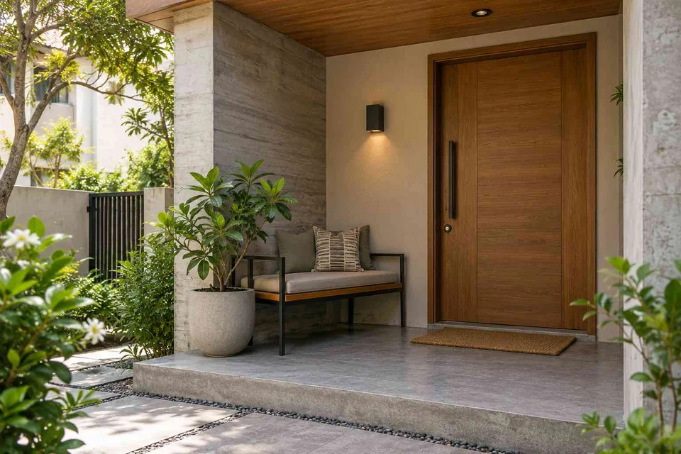 AI-generated outdoor concept: front porch nook, concrete and oak direction