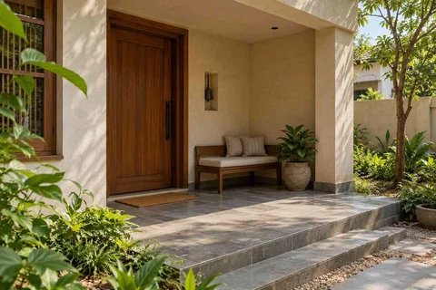 AI-generated outdoor concept: front porch nook, courtyard modern direction