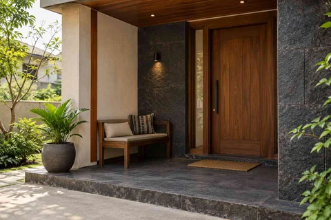 AI-generated outdoor concept: front porch nook, deccan stone direction
