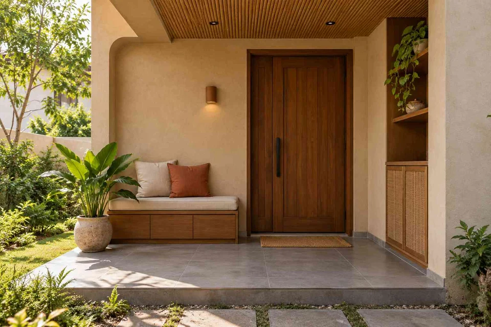 AI-generated outdoor concept: front porch nook, earth and bamboo direction