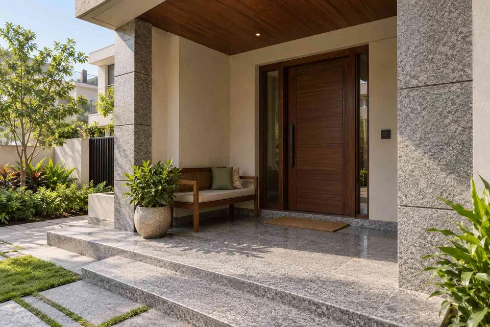 AI-generated outdoor concept: front porch nook, granite precision direction