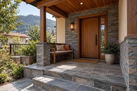 AI-generated outdoor concept: front porch nook, hill timber direction