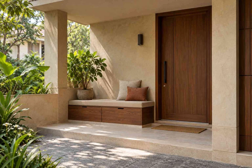 AI-generated outdoor concept: front porch nook, lime and walnut direction