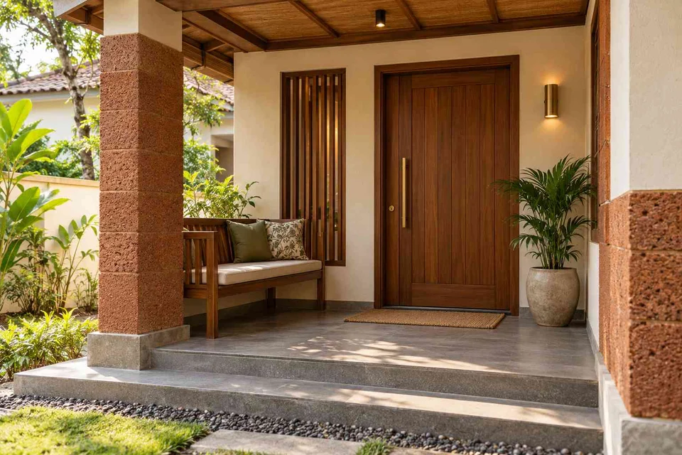 AI-generated outdoor concept: front porch nook, malabar timber direction