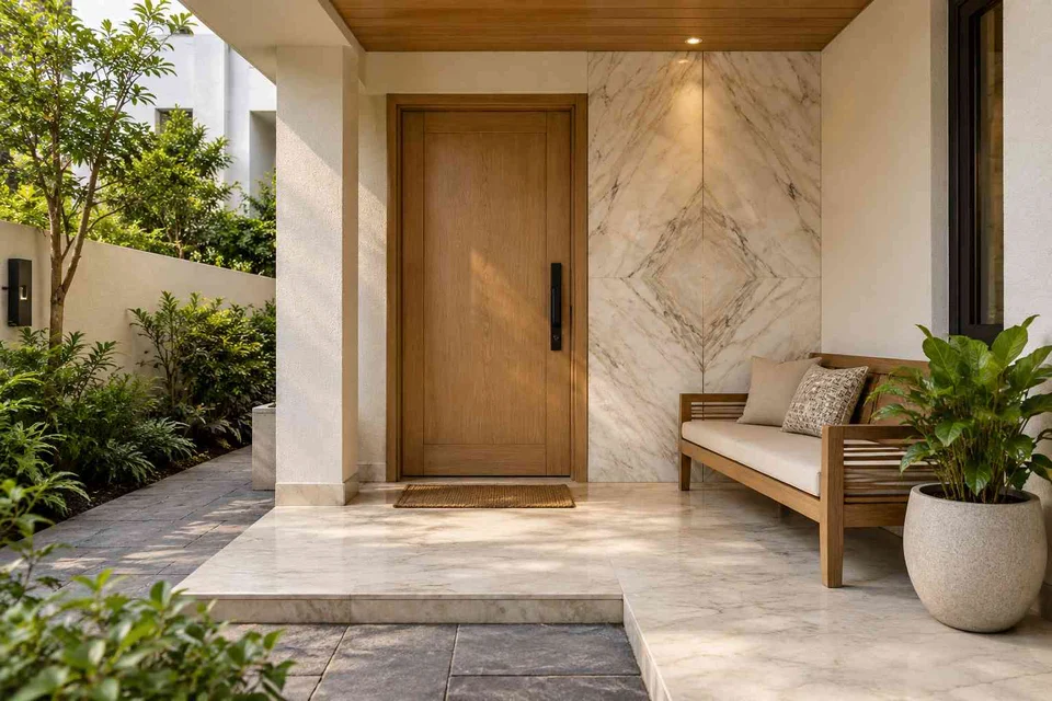 AI-generated outdoor concept: front porch nook, marble restraint direction
