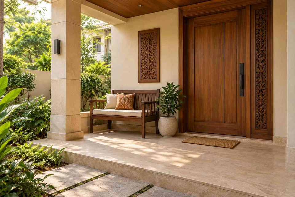 AI-generated outdoor concept: front porch nook, modern carved direction
