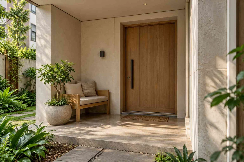 AI-generated outdoor concept: front porch nook, quiet contemporary direction