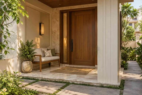 AI-generated outdoor concept: front porch nook, quiet transitional direction