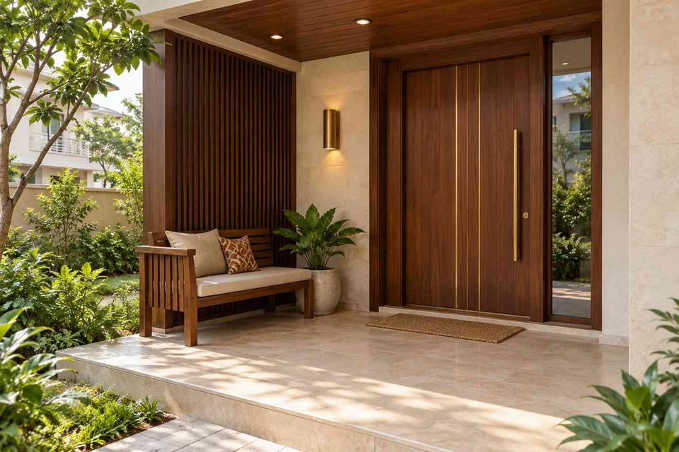 AI-generated outdoor concept: front porch nook, rosewood brass direction