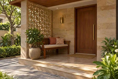 AI-generated outdoor concept: front porch nook, sandstone lattice direction