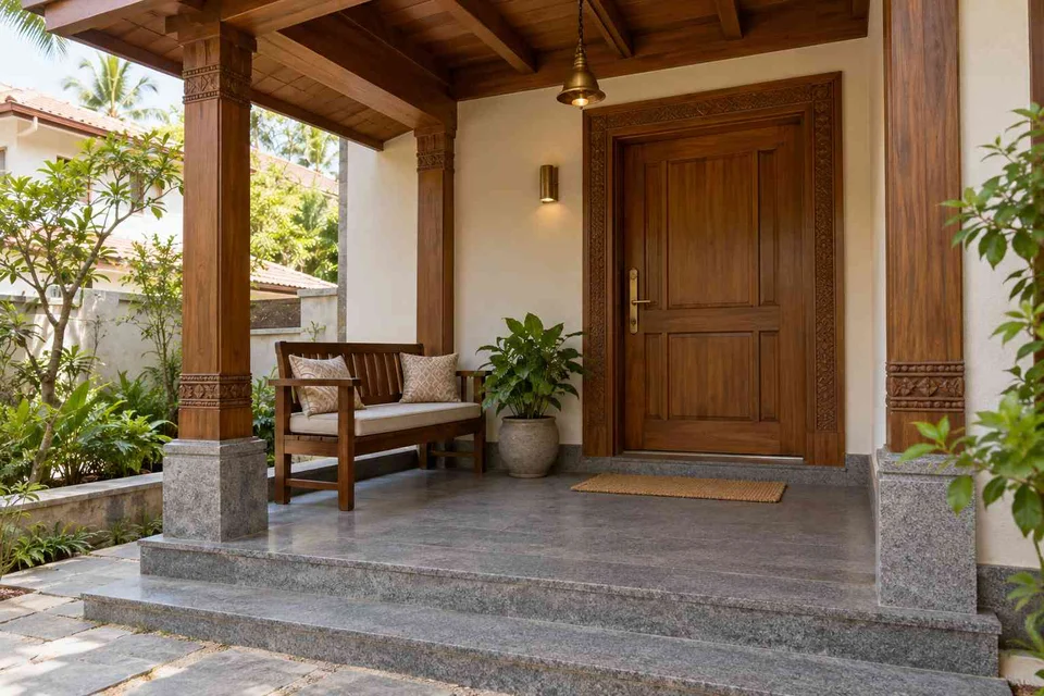 AI-generated outdoor concept: front porch nook, teak craft direction