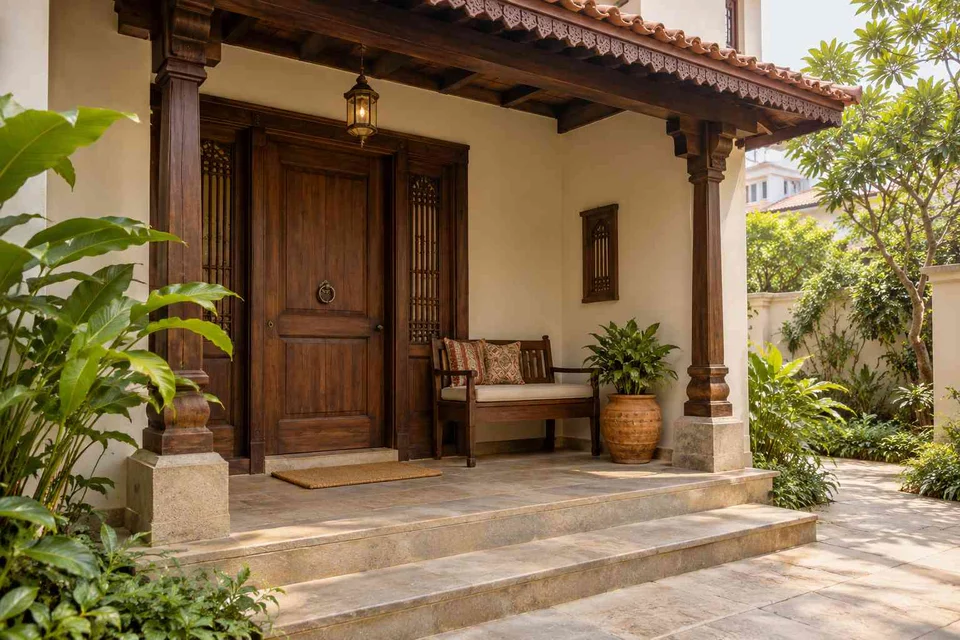 AI-generated outdoor concept: front porch nook, terracotta heritage direction