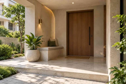 AI-generated outdoor concept: front porch nook, textured mineral direction